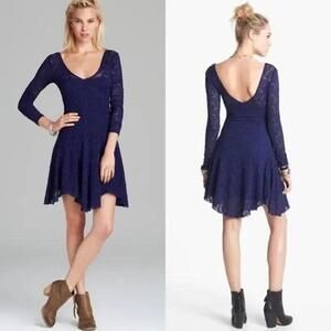 Free People Blue Katya V-Neck 3/4 Sleeve Paisley Stretch Lace Boho Dress Size M